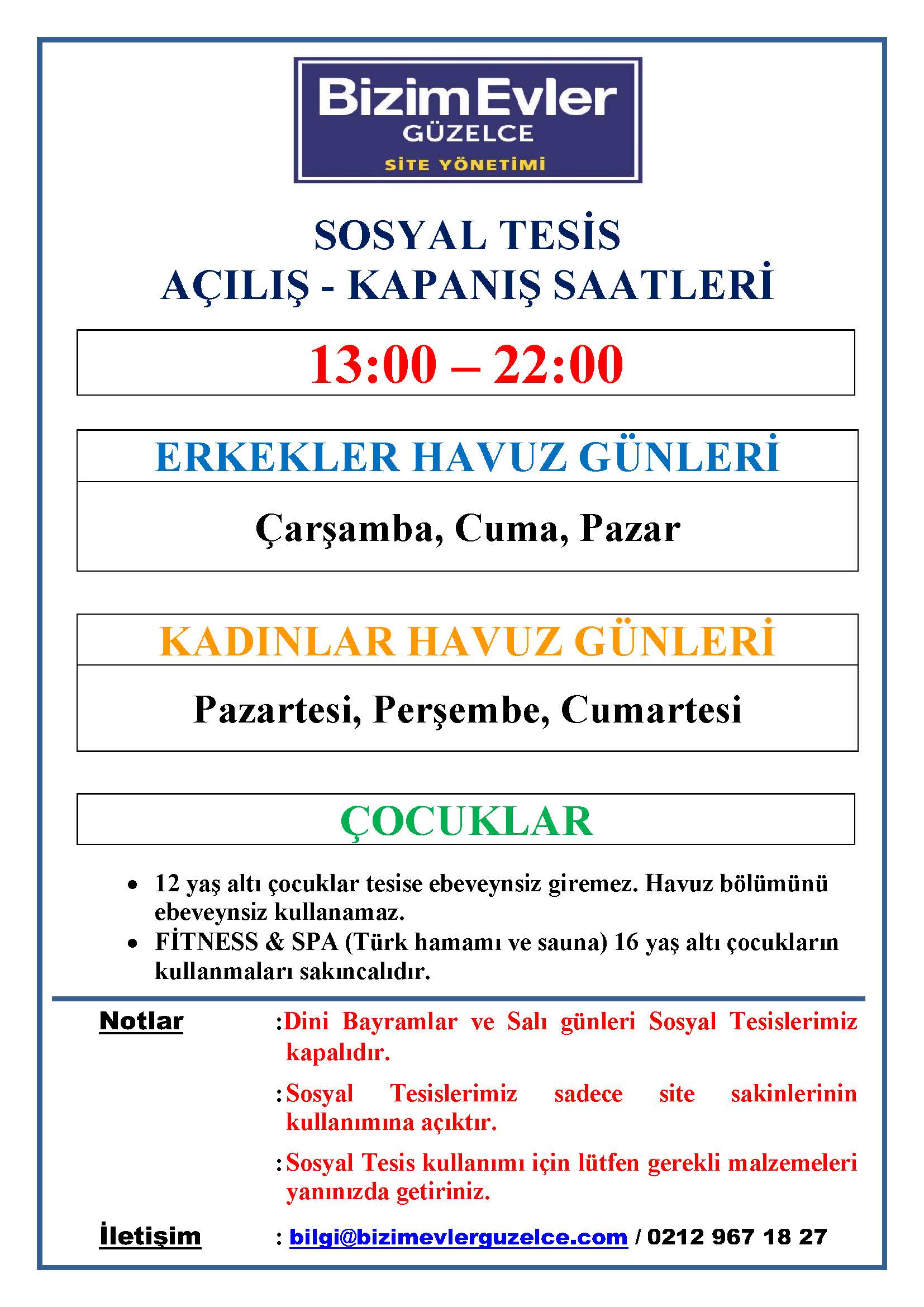 Sosyal Tesisler Çalışma Gün ve Saatleri